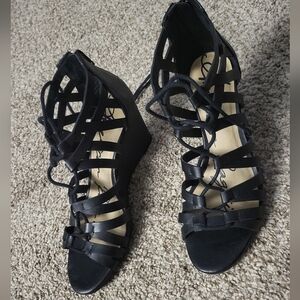 Elegant Black Strappy Wedge Sandals